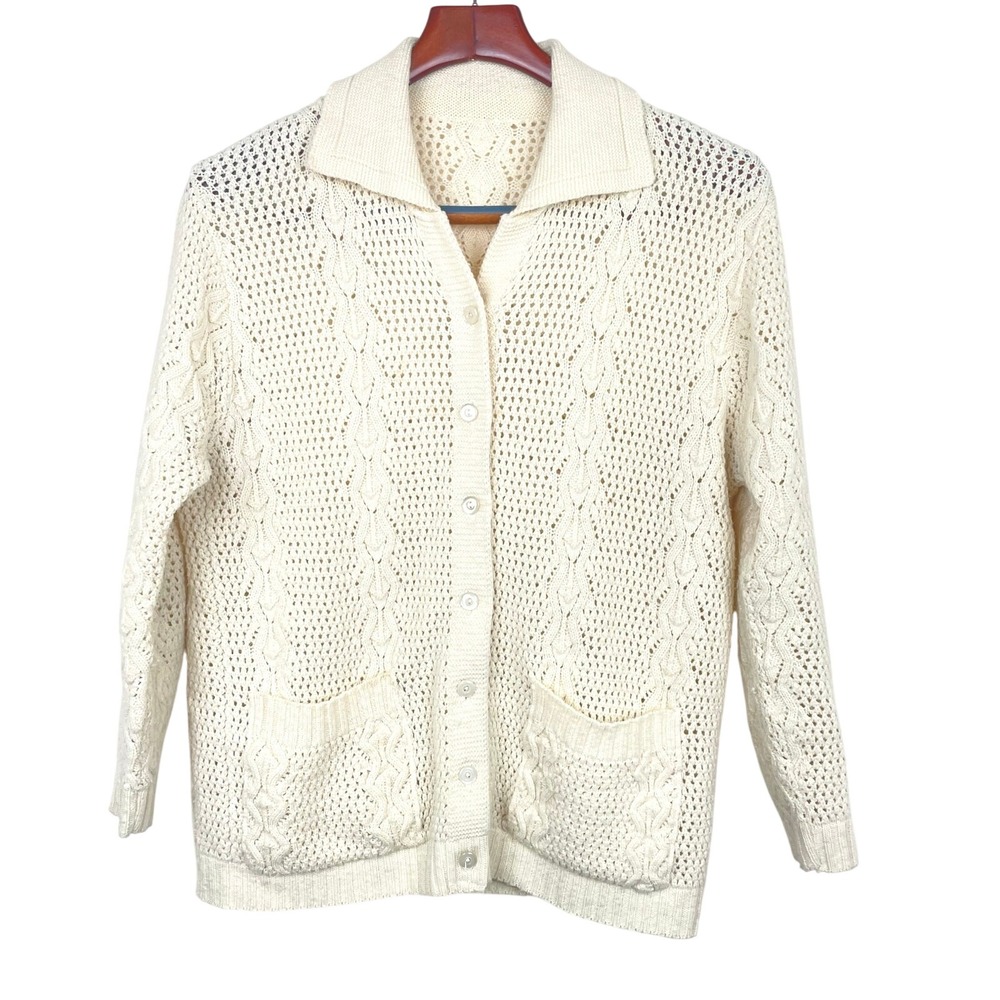 Vintage 70s Womens Cardigan Sz M Cottage Granny Indie Grunge Cream Minimalist